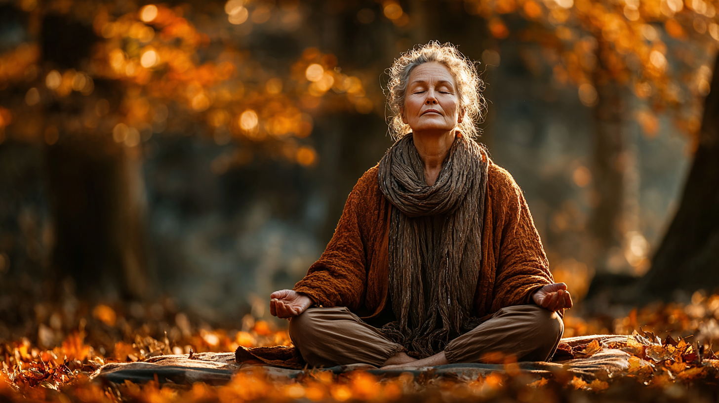 Літня жінка виконує асану йоги на природі біля озера